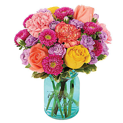 Blooming Assorted Flowers Jar Arrangement:Send Carnation Flower to USA