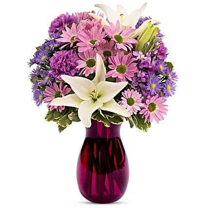 Lovely Assorted Flowers Purple Vase Arrangement