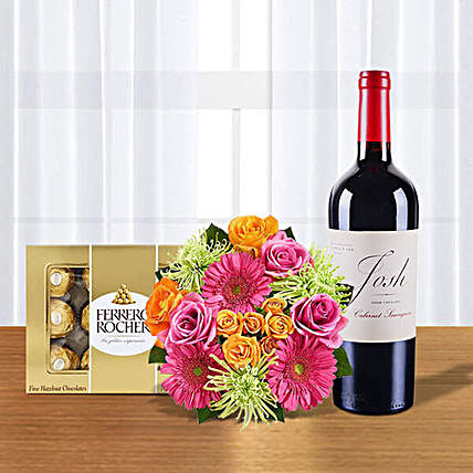 Mixed Flowers N Wine With Ferrero Rocher:Send Birthday Gifts to USA