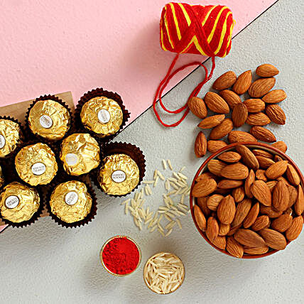 Bhai Dooj Festivity Ferrero Rocher And Almonds Combo:Send Bhai Dooj Dry Fruits to USA