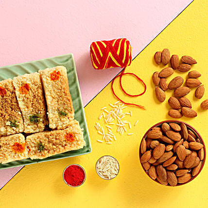 Bhai Dooj Wishes Milkcake And Almonds Combo:Send Bhai Dooj Dry Fruits to USA