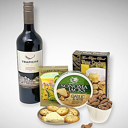 Red Wine And Tasty Munchies Diwali Hamper:Send Wine Gift Basket to USA