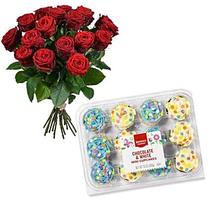 Assorted Cupcakes And Red Roses Bunch