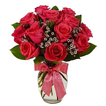 Beautiful Hot Pink Roses Vase:Send Valentines Day Gifts to USA