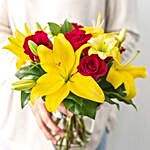 Yellow Lilies And Pink Roses Vase
