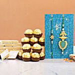Ornamental Leaf Rakhi Set And Kaju Katli With Ferrero Rocher