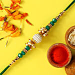 Green Pearl Beads Designer Rakhi And 3 Pcs Ferrero Rocher