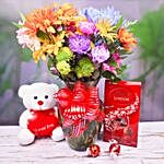 Lovely Mixed Flowers Bouquet With Teddy And Lindt