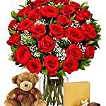 24 Red Roses Bouquet With Chocolates And Teddy