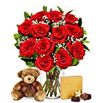 One Dozen Long Stem Red Roses with Chocolates and Bear