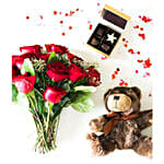 One Dozen Long Stem Red Roses with Chocolates and Bear