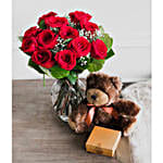 One Dozen Long Stem Red Roses with Chocolates and Bear