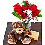 One Dozen Long Stem Red Roses with Chocolates and Bear