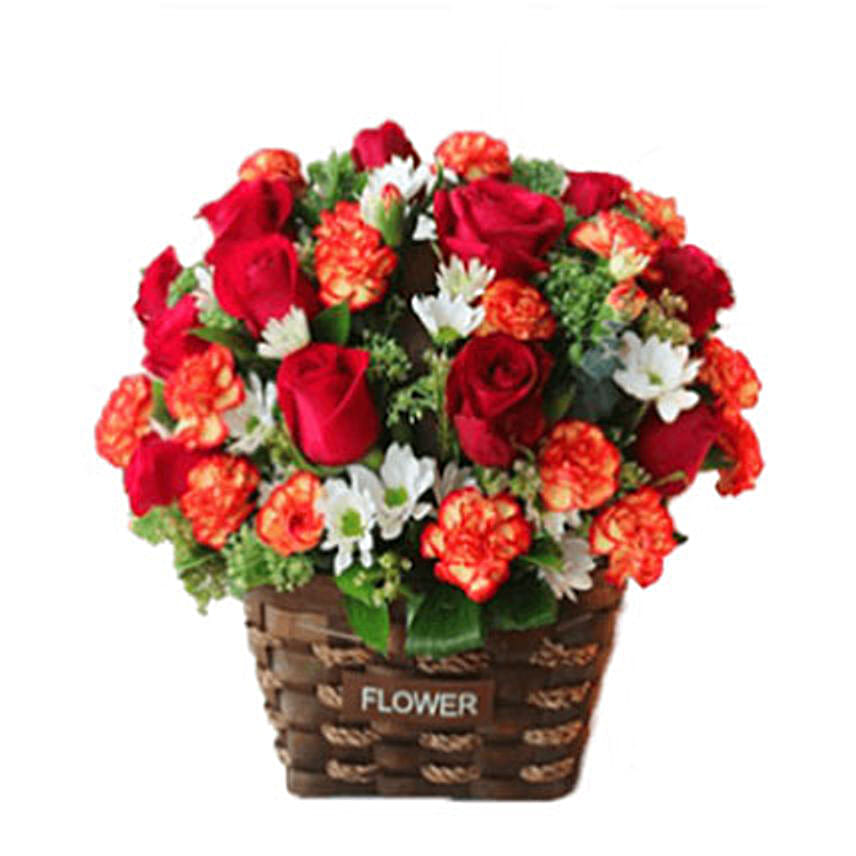 Romantic Red Roses In Basket 12