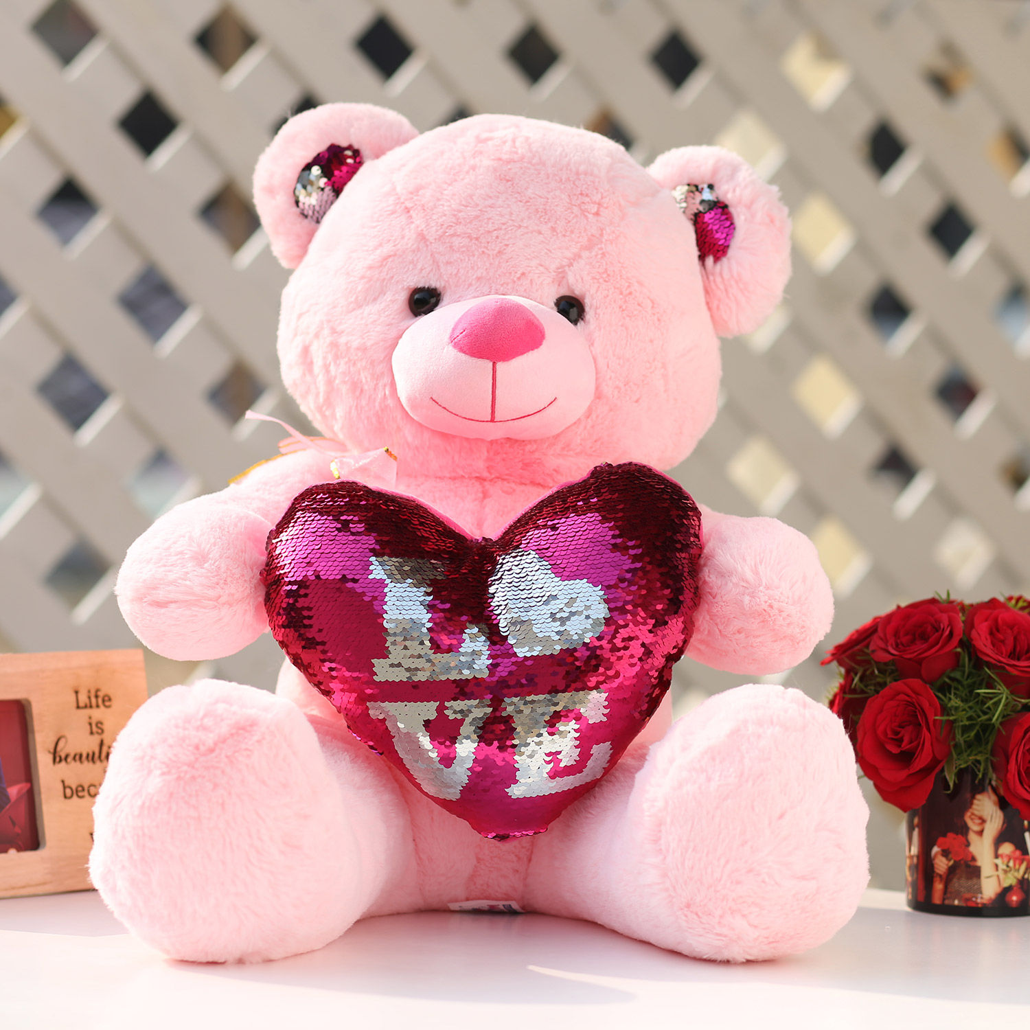 Buy Send Pink Color Sequin Love Teddy Bear Online Ferns N Petals
