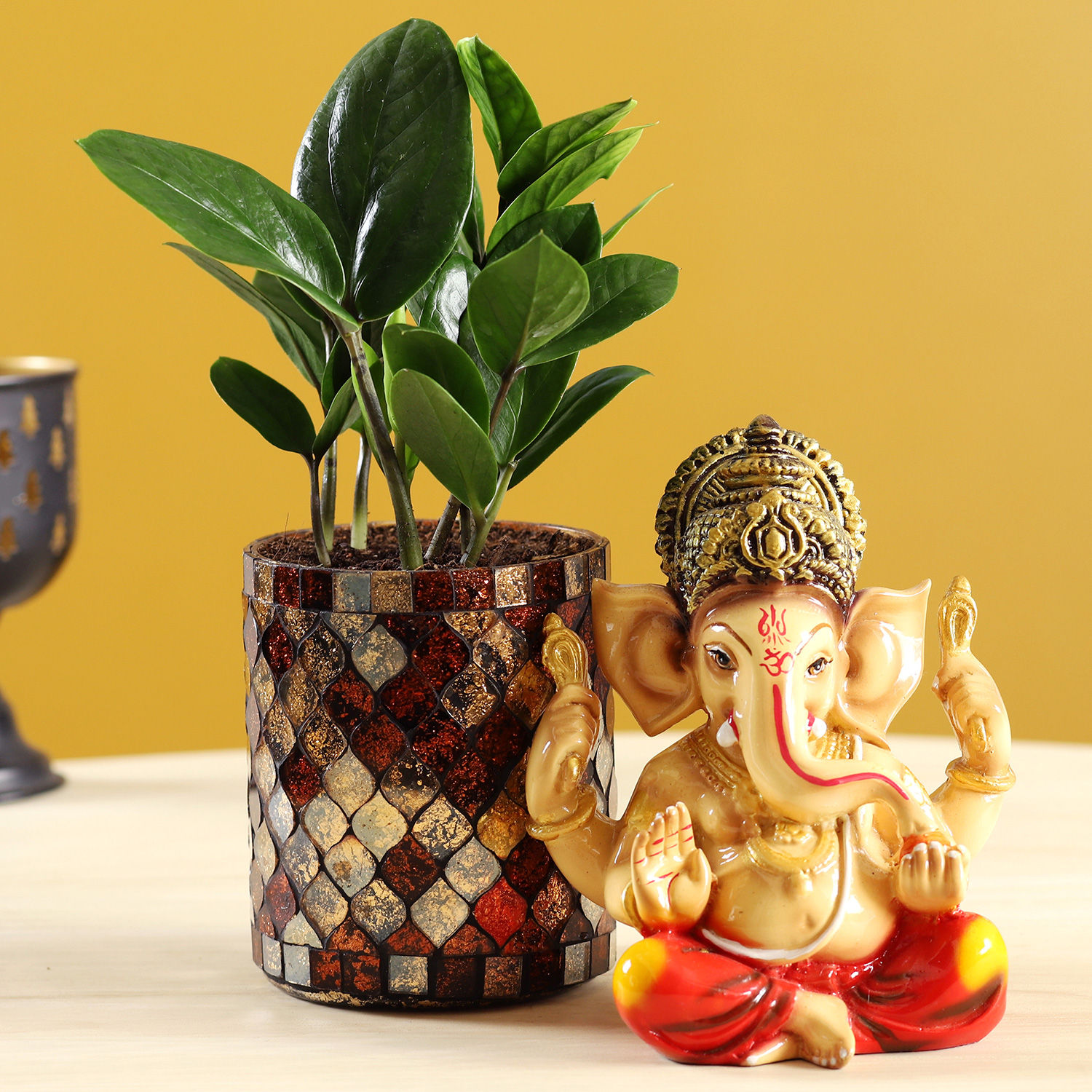 Buy/Send Zamia Plant In Mosaic Pot & Ganesha Idol Combo Online- FNP