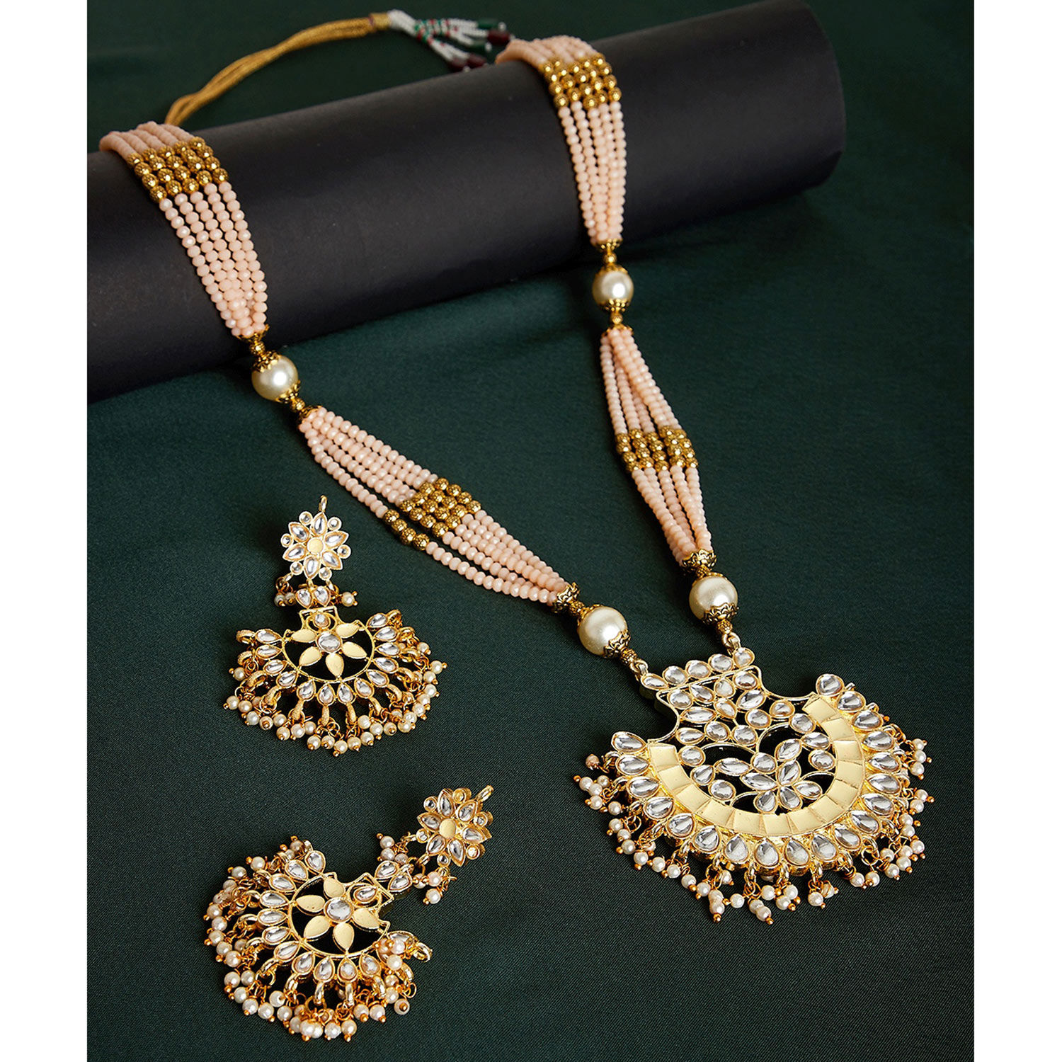 Peach Gold-Plated Kundan Jewellery Set 